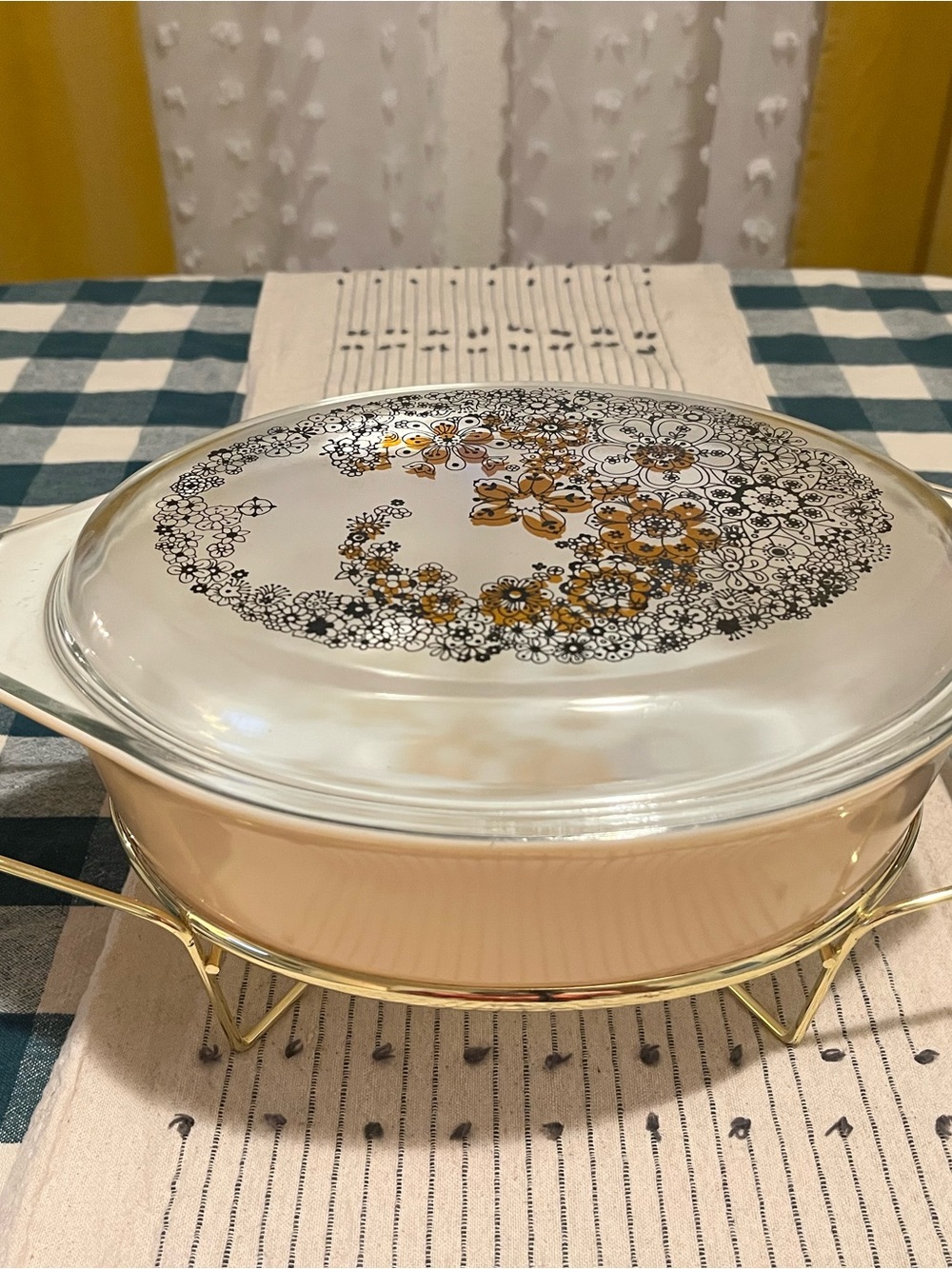 Pyrex White Glass Casserole Dish with Gold Floral Lid and Gold Stand